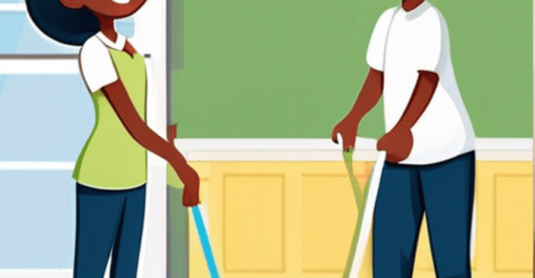 Cartoon picture of African teenagers cleaning the house