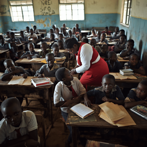 A cramped classroom full of children and one teacher. Photo credit - AI Generated