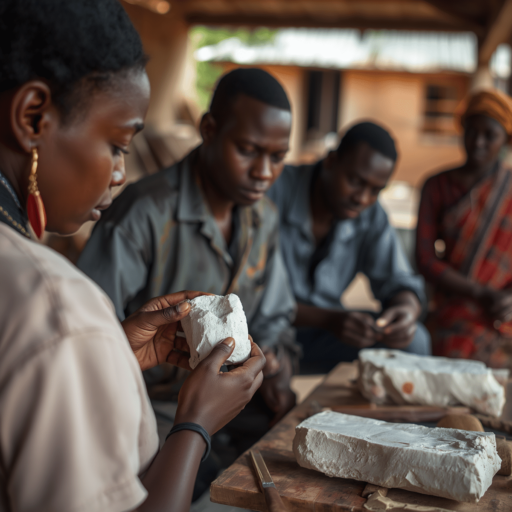An illustration of people looking at the Mbigou stone. Photo credit - AI Generated