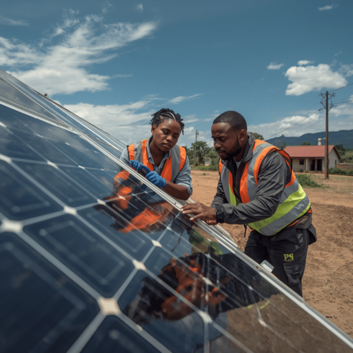 Workers installing solar panels. Photo credit - AI Generated