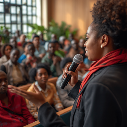 A person doing public speaking in front of people. Photo credit - AI Generated