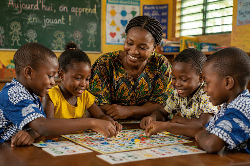 Children and teacher playing with each other. Photo credit - AI Generated