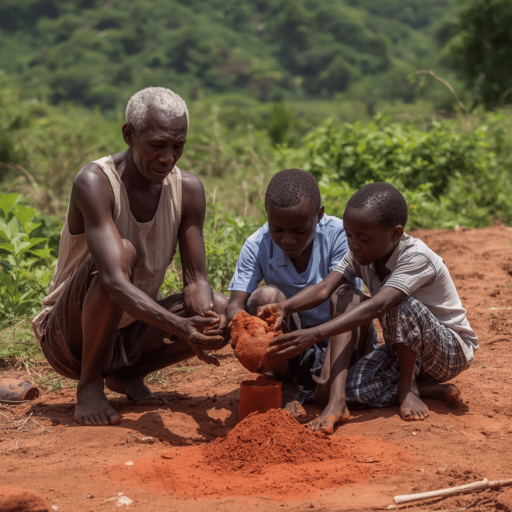 Adult and children cultivating land. Photo credit - AI Generated