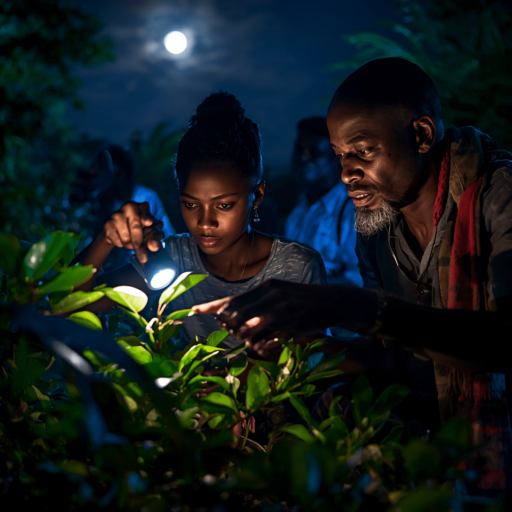 People picking up leaves at night. Photo credit - AI Generated