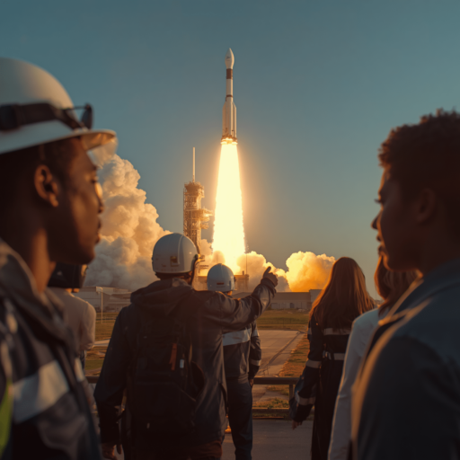 People watching a rocket launch into space. Photo credit - AI Generated
