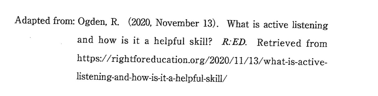 Mention de la source dans l'examen d'entrée en anglais de l'université Meiji Gakuin : Adapted from Ogden, R. (2020, November 13). What is active listening and how is it a helpful skill? R:ED, avec le lien rightforeducation.org