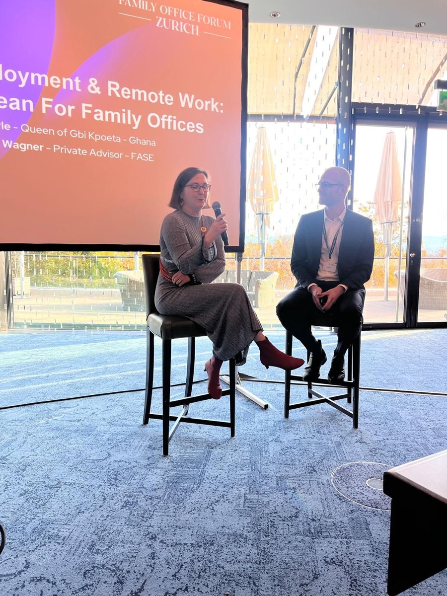 Dr Susi Dattenberg-Doyle speaking on employment and remote work at the Family Office Forum Zurich